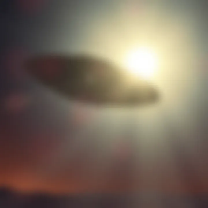 A depiction of an oversized TR-3B craft in the night sky with a bright light in the background