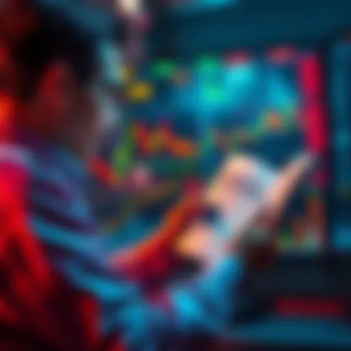 A person analyzing market charts and reading the Kybalion book, connecting trading strategies with personal growth