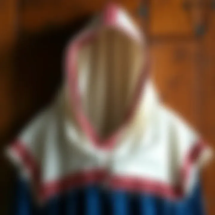 A traditional Azorean hood known as ‘capote e capelo’ displayed on a rustic wooden background, showing its unique design and fabric.