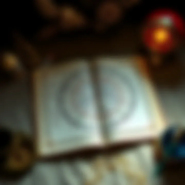 An open book displaying a detailed natal chart with astrological symbols and colorful diagrams, surrounded by astrological tools like a compass and a crystal ball.