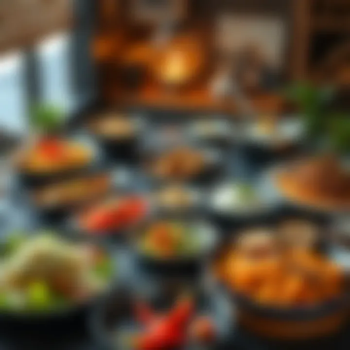 A variety of traditional dishes displayed with modern presentation, showing the fusion of classic flavors and contemporary cooking styles.