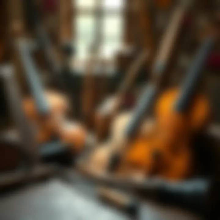 A collection of traditional Norse folk instruments like the Hardanger fiddle, lyre, and various flutes, arranged on a wooden table, highlighting their craftsmanship.
