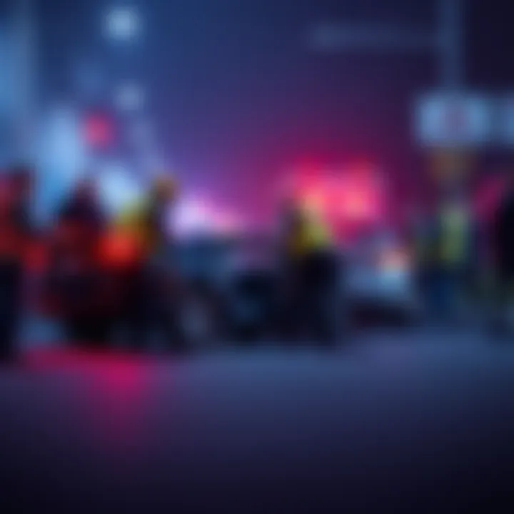 A car crash with paramedics assisting at the scene and concerned bystanders watching.