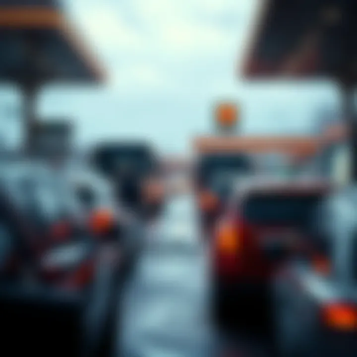 A traffic jam with empty fuel stations and people looking frustrated