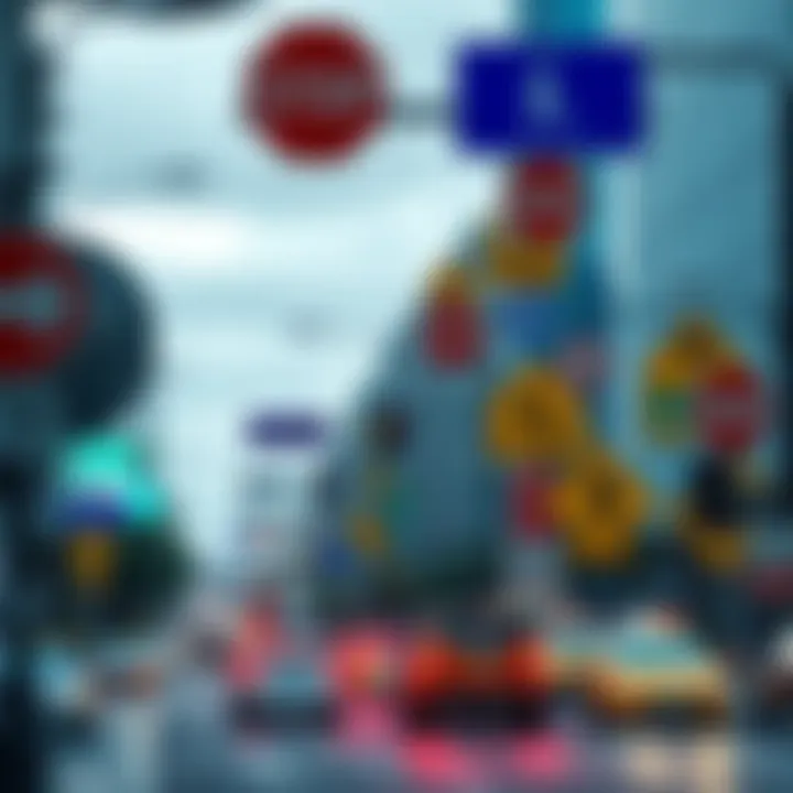 Traffic signs and street signs on a busy road A collection of various traffic and street signs along a bustling city road, illustrating their impact on drivers and pedestrians.