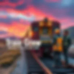 A group of railroad crew members sharing stories around a train car on a remote track with scenic views in the background.