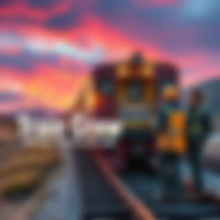 A group of railroad crew members sharing stories around a train car on a remote track with scenic views in the background.