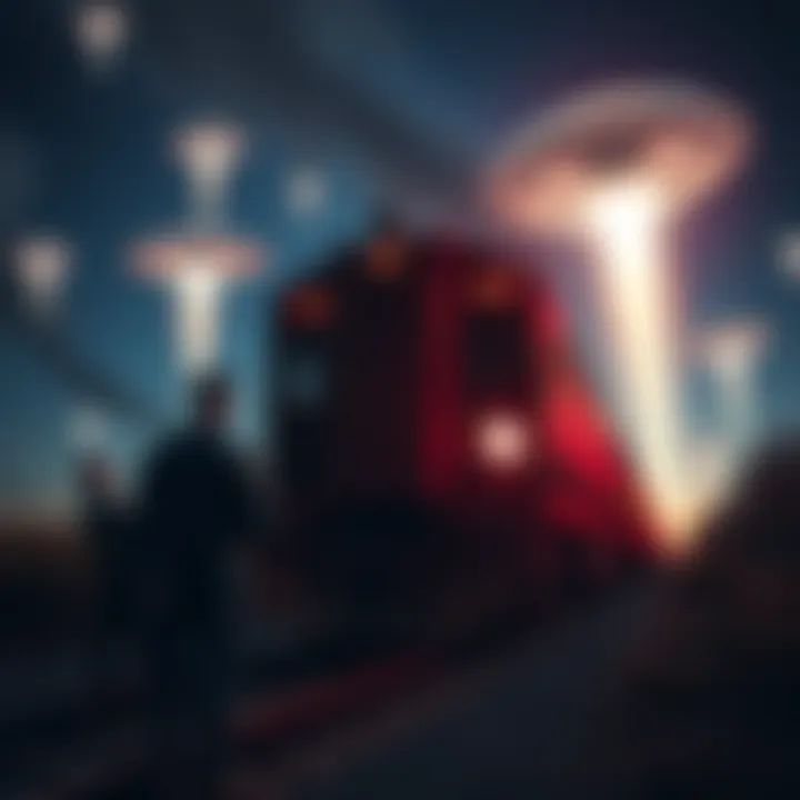 Train crew observing UFOs A train crew in Indiana watches UFOs with bright lights in the night sky during a 1958 sighting.