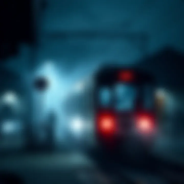 A ghostly train stops at the eerie Kisaragi Station under dim lights with fog surrounding it.