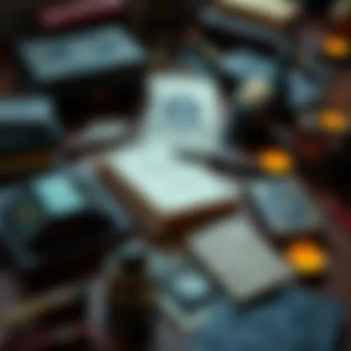 A collection of books and tools for magick training, showcasing beginner to advanced materials on a wooden table.
