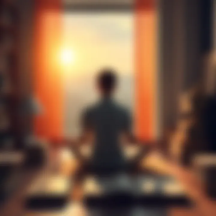A person practicing meditation in a serene setting, surrounded by books on spiritual growth and development.
