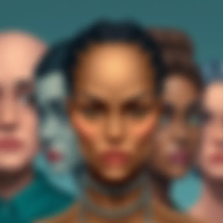 Illustration showing diverse individuals with distinctive features like large eyes and unique skin tones, representing the concept of alien DNA in humans.