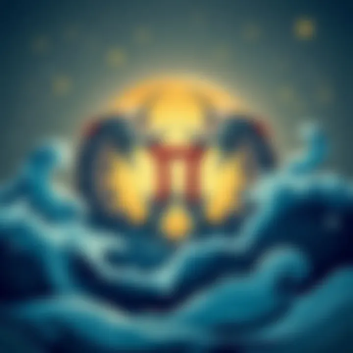 Illustration showing a Pisces symbol with artistic elements representing creativity and sensitivity, surrounded by water elements like waves and stars.