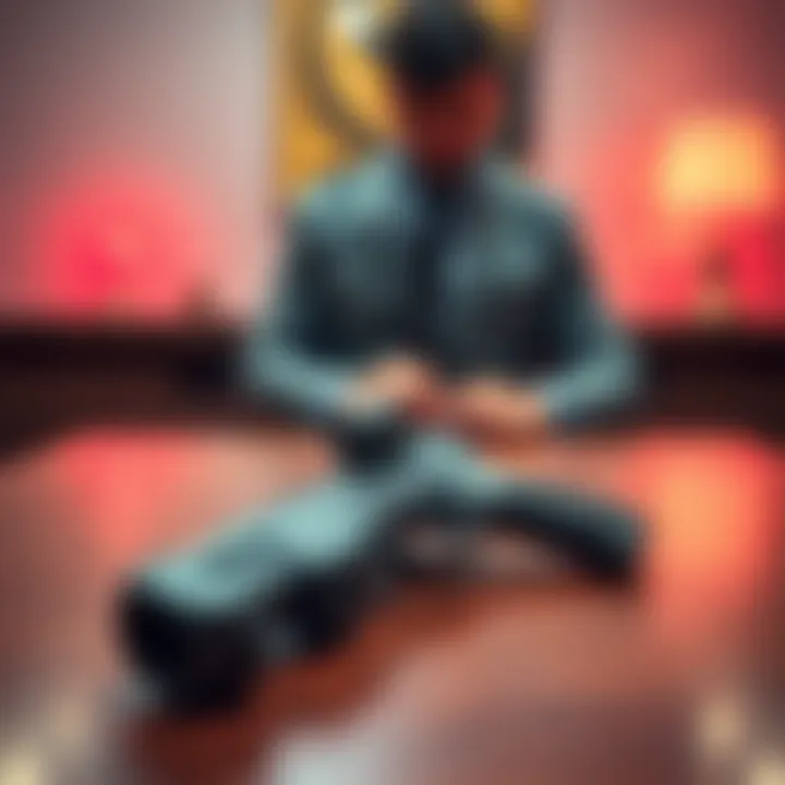 A 3-D printed tranquilizer gun displayed on a table, with a blurred figure of a man in the background.