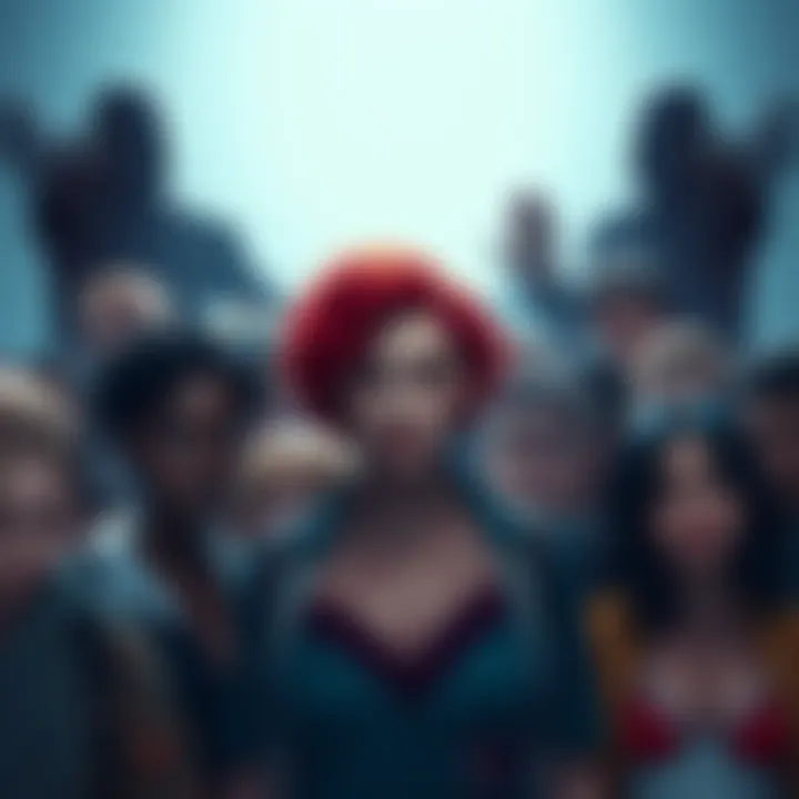 A group of diverse individuals from the trans community facing criticism, with shadows of powerful figures looming in the background, symbolizing distraction and scapegoating.