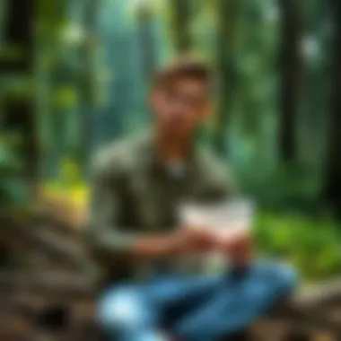 A trans man sits peacefully in a forest, surrounded by nature, lost in thought about his past while holding a piece of paper with his dead name written on it.