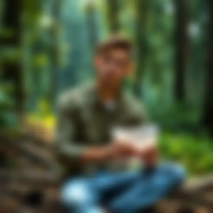A trans man sits peacefully in a forest, surrounded by nature, lost in thought about his past while holding a piece of paper with his dead name written on it.