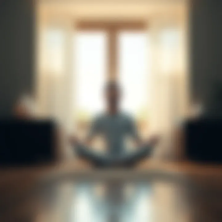 A person sitting cross-legged in a quiet room, eyes closed, with a peaceful expression, practicing Transcendental Meditation with a gentle light shining through the window.