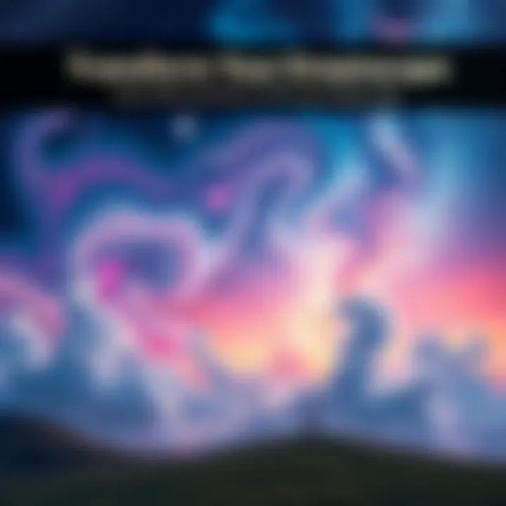 A surreal landscape featuring a dreamy night sky with vibrant, swirling colors and whimsical elements