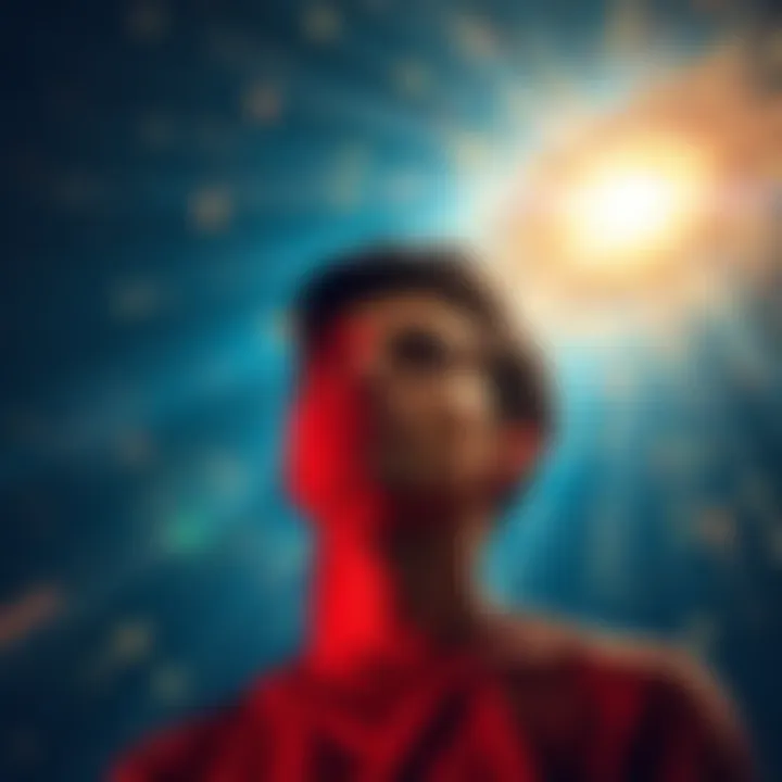 A person visualizing their goals with a bright light surrounding them, symbolizing a shift to a higher reality, with a calm, focused expression.