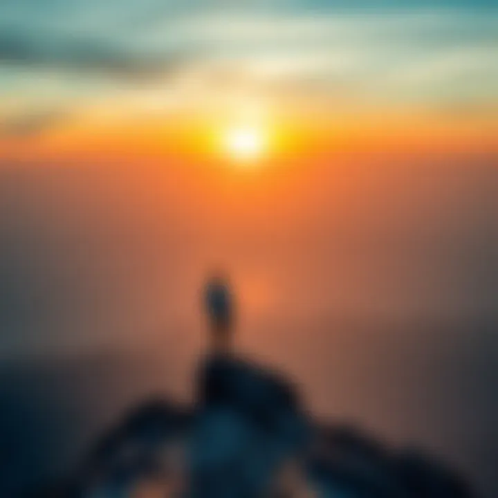 An individual standing on a mountain peak, gazing at a sunrise, symbolizing new perspectives and mental clarity after enlightenment.