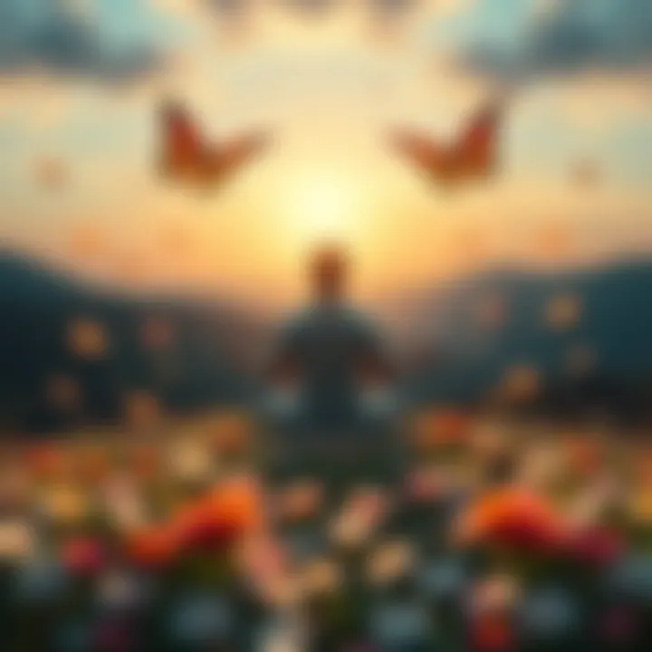A person meditating in a serene landscape, surrounded by symbols of spirituality and transformation, like butterflies and blooming flowers.
