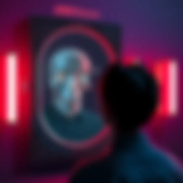 A person standing in front of a mirror, imagining a transformed skull shape with a thoughtful expression.