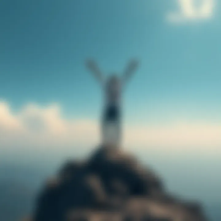 A person standing on a mountain peak with arms raised, symbolizing empowerment and belief in oneself for a brighter future.
