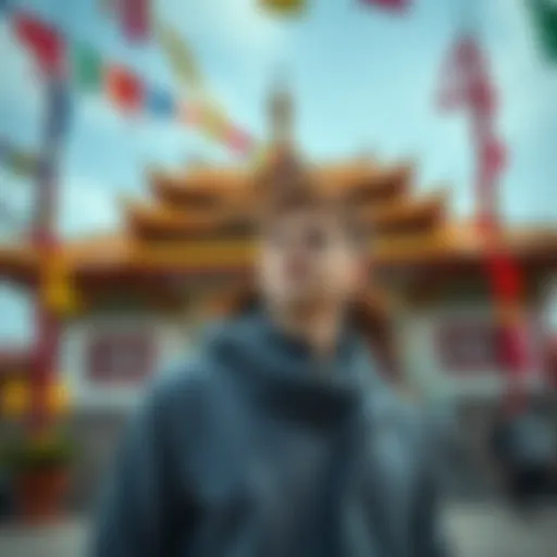 A transgender man stands outside a Buddhist temple, looking thoughtful and hopeful, with prayer flags in the background.
