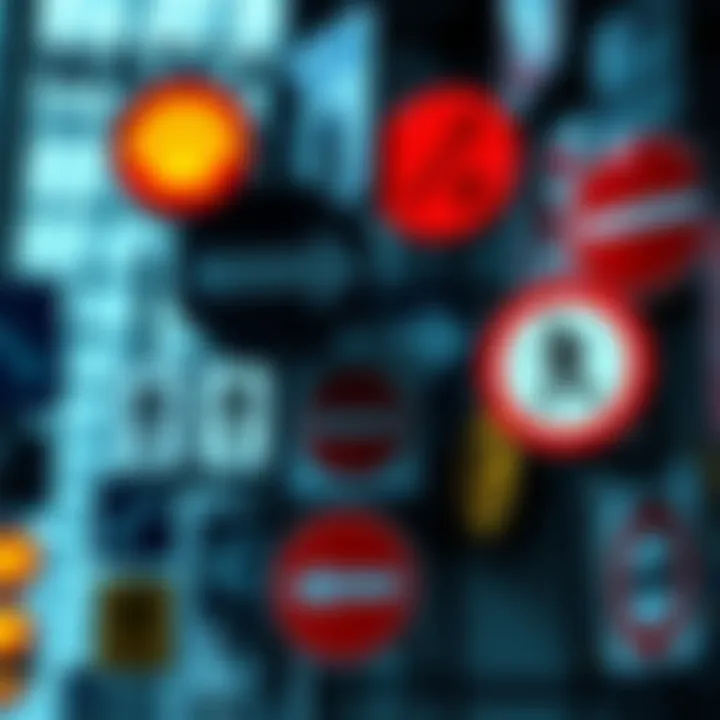 A collage of transit signs with arrows and government symbols, depicting possible conflicts ahead.