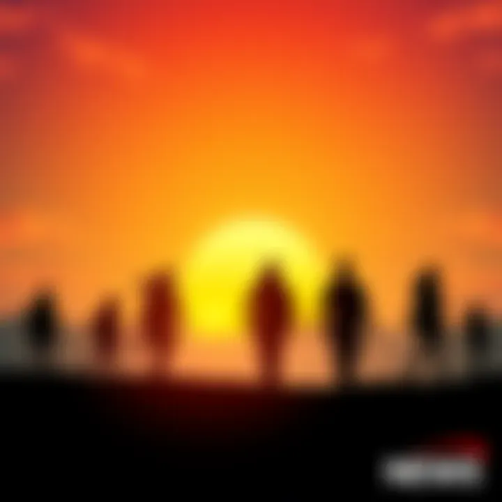 A vibrant sunrise symbolizing the shift from old systems to new ways of living, with silhouettes of people moving forward together.