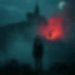 A frightened woman stands alone in the dark hills of Transylvania, looking terrified as a shadowy figure looms nearby.