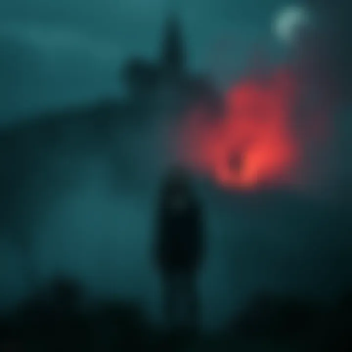 Woman in Transylvania Hills A frightened woman stands alone in the dark hills of Transylvania, looking terrified as a shadowy figure looms nearby.