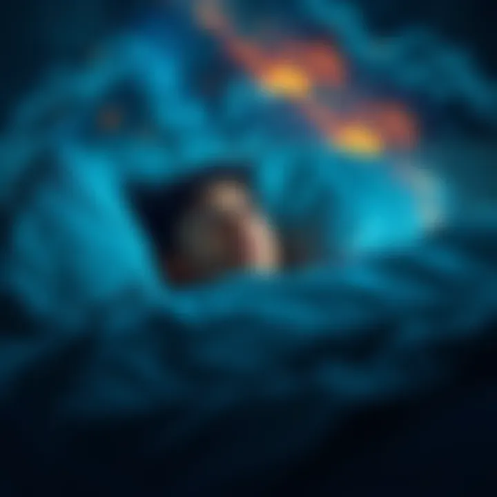 A person lying in bed with a worried expression, surrounded by swirling dream imagery, symbolizing a lucid dream struggle.