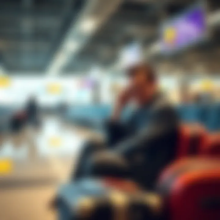 Travel Stress Experience A frustrated traveler sitting at an airport, looking overwhelmed with luggage and boarding passes, capturing the essence of travel stress.