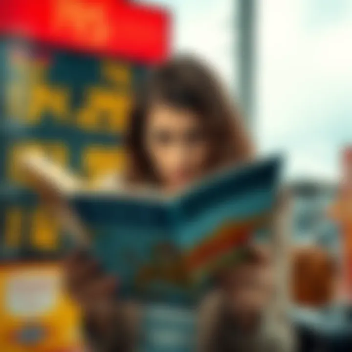 A woman looks at a travel brochure with a worried expression as gas prices are displayed in the background, symbolizing the impact of rising fuel costs on travel plans.