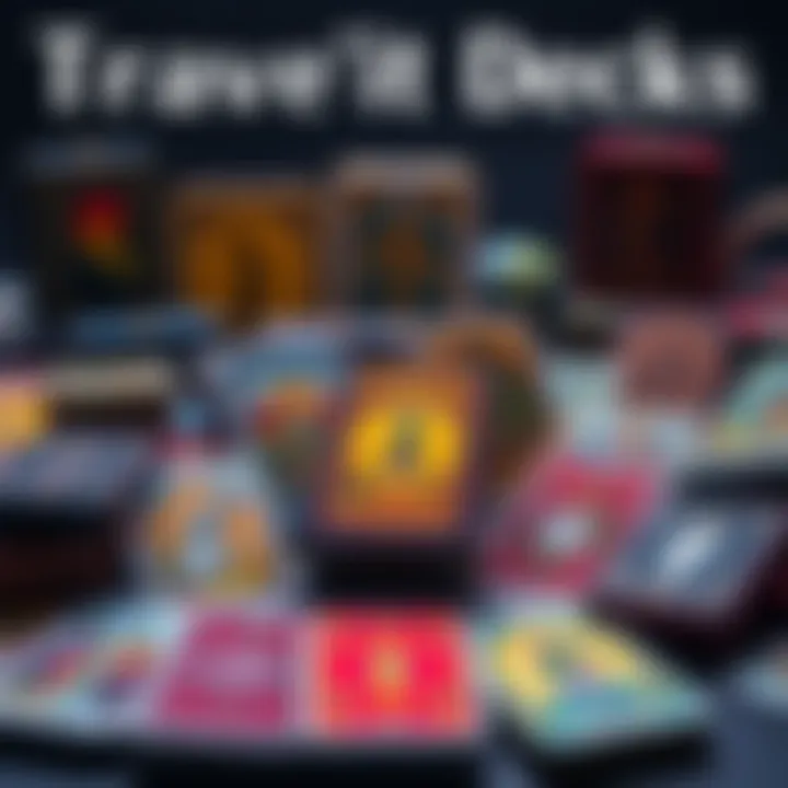 A collection of various tarot decks in tins arranged for travel enthusiasts