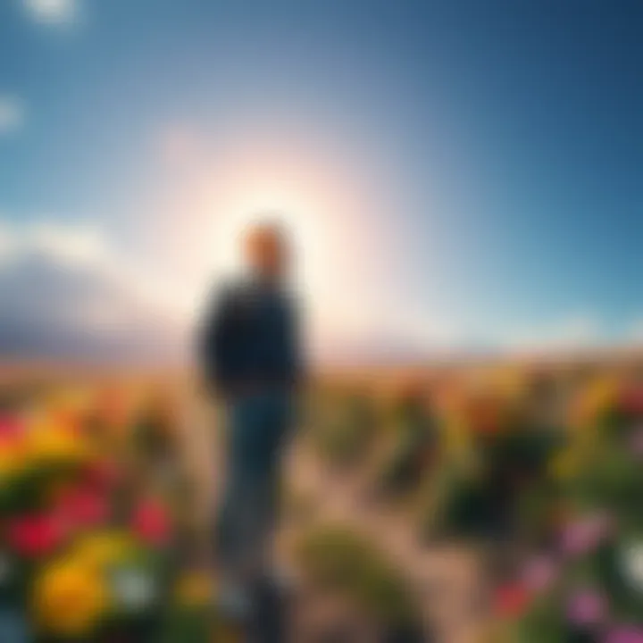 Traveler in a bright world A person standing in a colorful landscape filled with vibrant flowers and a clear blue sky, looking contemplative