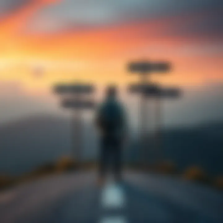 A traveler standing at a crossroads looking at multiple signs pointing to different destinations, reflecting on travel decisions.