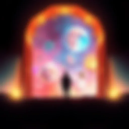 Traveler at Mysterious Archway A person standing in front of a glowing archway, gazing into a vibrant alternate reality filled with colors and shapes, symbolizing a lucid dream experience.