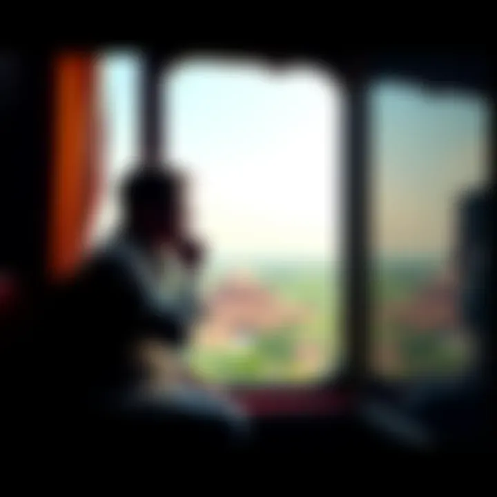 A traveler sits by a window, looking thoughtful, with the Indian countryside visible in the background, symbolizing reflection on illness and spirituality.