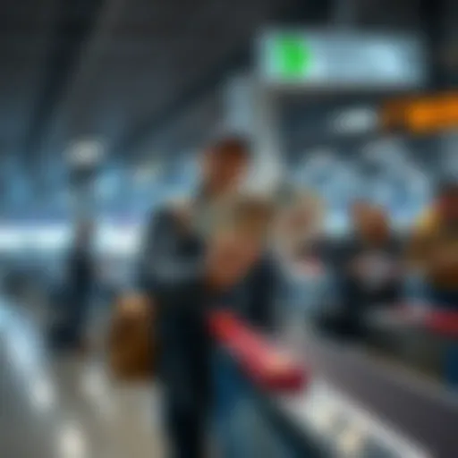 A traveler stands at airport security with tarot cards on the conveyor belt, surrounded by security staff inspecting the cards.