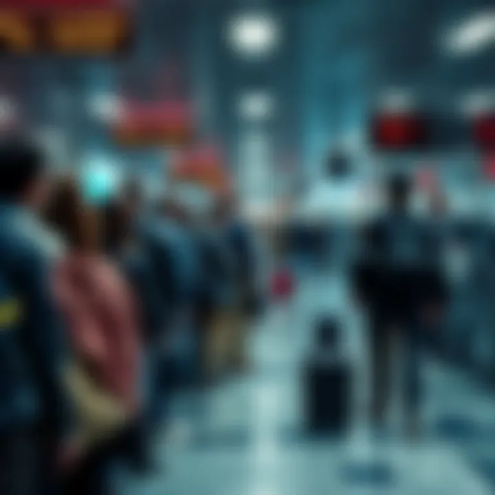 People at airport security Travelers waiting in line at airport security screening with TSA agents visible