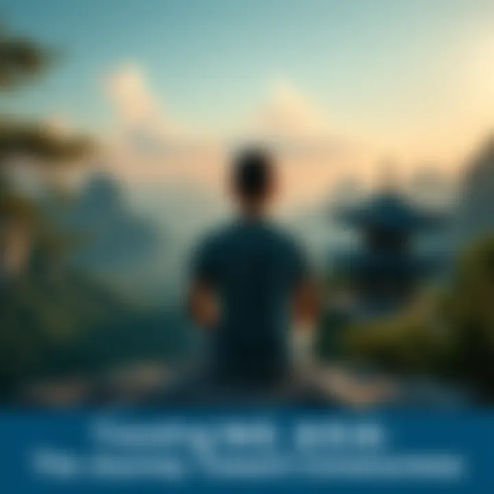 A traveler meditating in a serene Asian landscape, symbolizing awareness and connection during their journey.