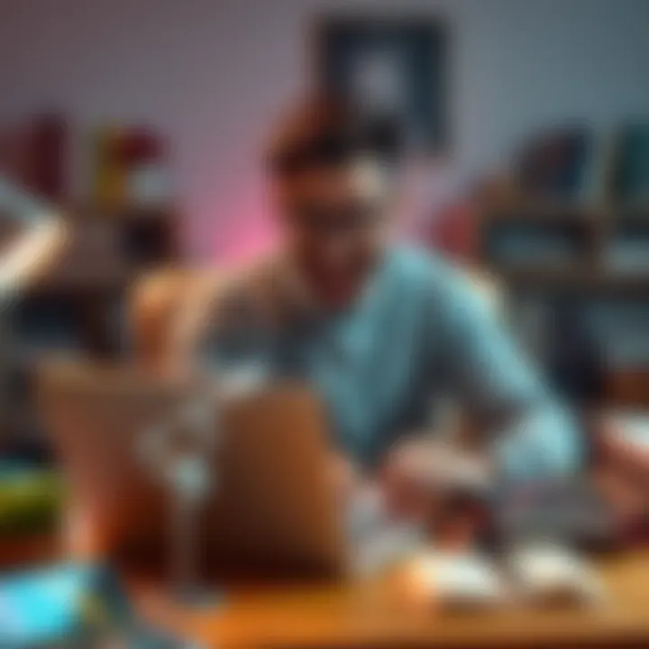 Travis sitting at a desk with science fiction books around him, looking excited while typing on a laptop