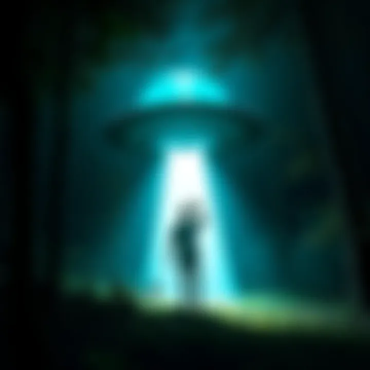 Artist's depiction of Travis Walton being taken by a bright light from a UFO in the woods