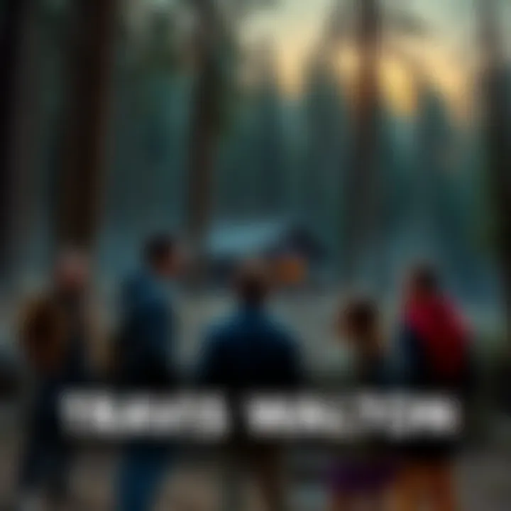 A group of four friends discussing the disappearance of Travis Walton in a forest setting, with trees and a cabin in the background.