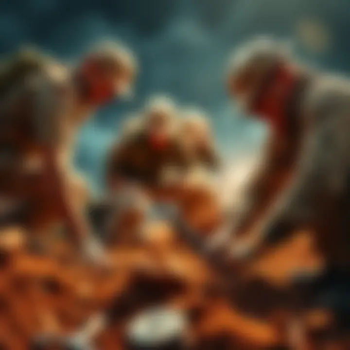 Treasure hunters searching for clues Josh and his team digging in the dirt with tools, looking for treasure