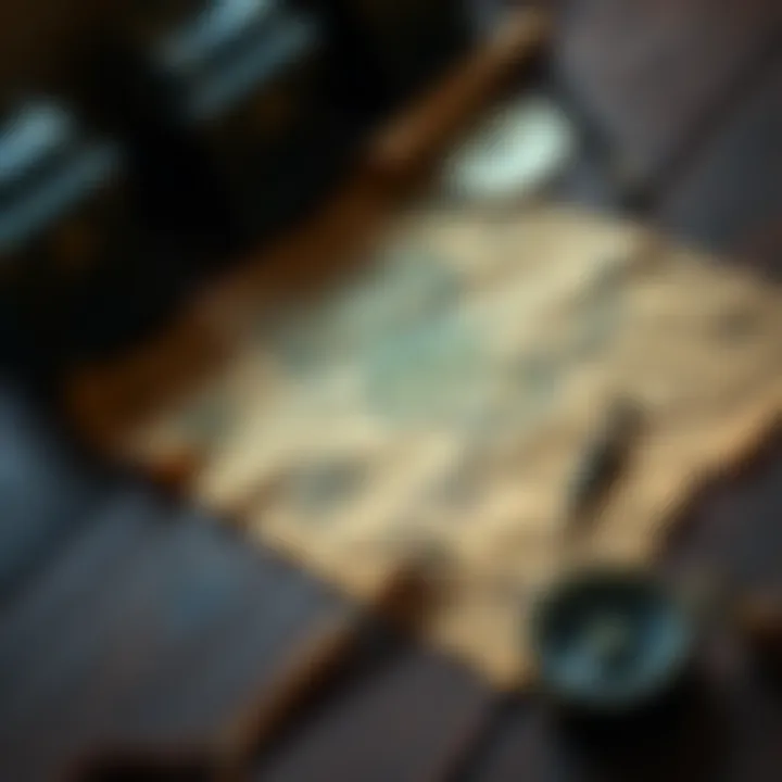 An old treasure map laid on a wooden table with a compass beside it, symbolizing the search for buried treasure.