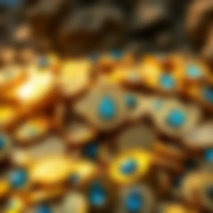 A pile of gold coins and jewels found in 2025, showing their gleaming surfaces under sunlight